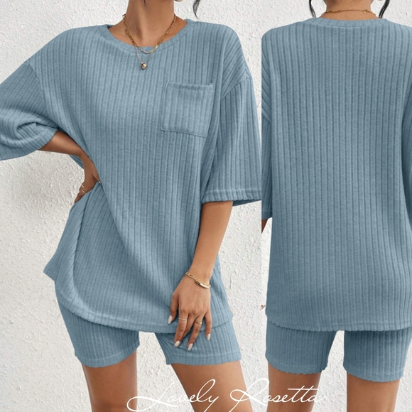 Blue Ribbed Women's Shorts Set - Picture 3 of 10